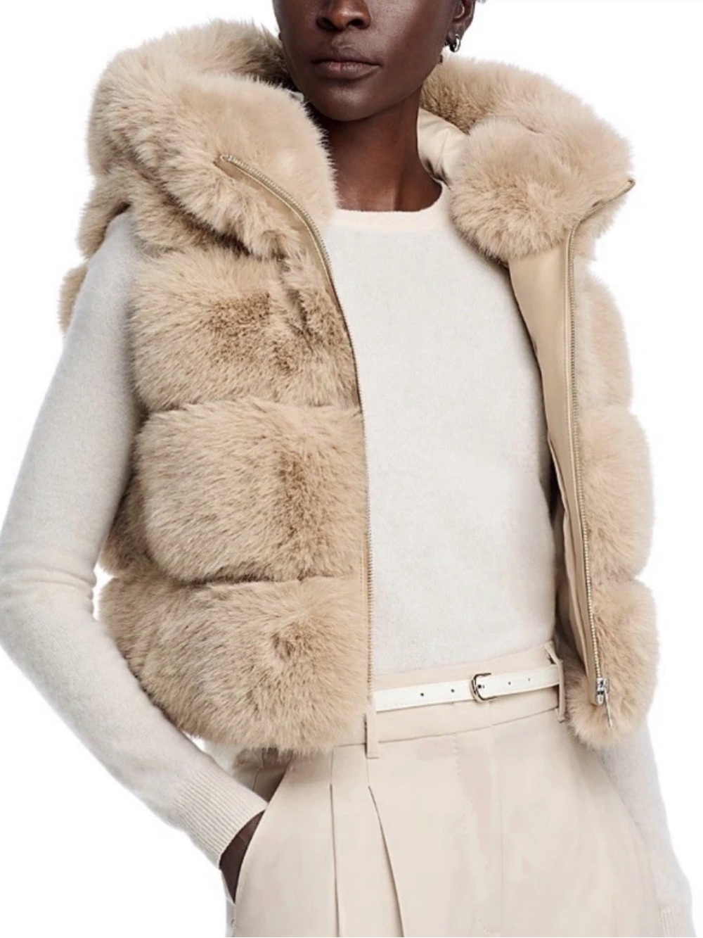 Adrienne Landau Womens The Landau Faux Fur Hooded Vest, Natural Size XS, $345